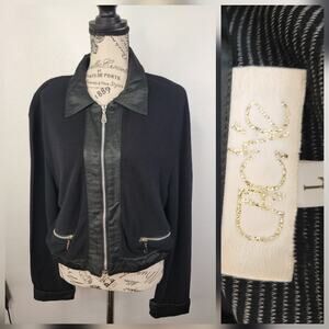 CACHE Cardigan Top Women Large Semi Cropped Zip Up Boyfriend Boxy Collar